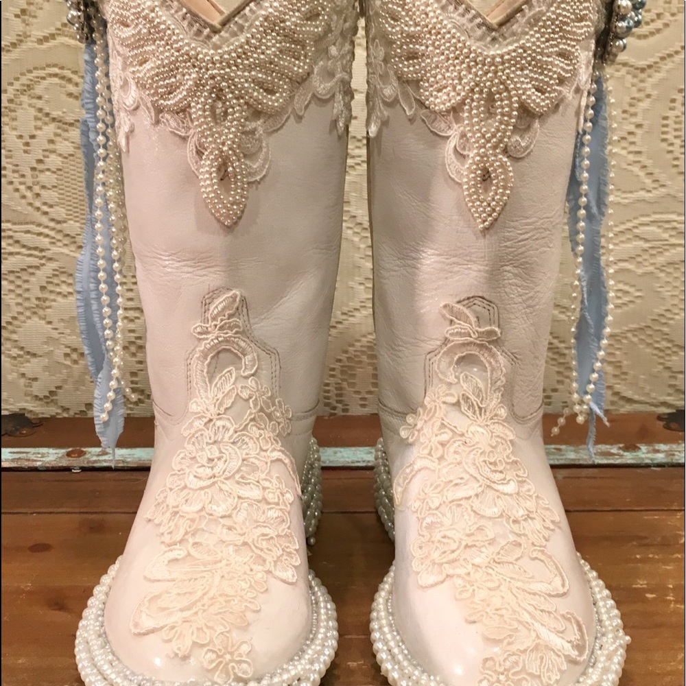 White Leather Bridal Bling Custom Cowgirl Boots 6M